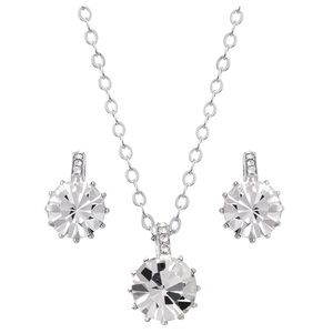 Brilliant Crystal Round Cut Solitaire Necklace & Earrings Set Sterling Silver